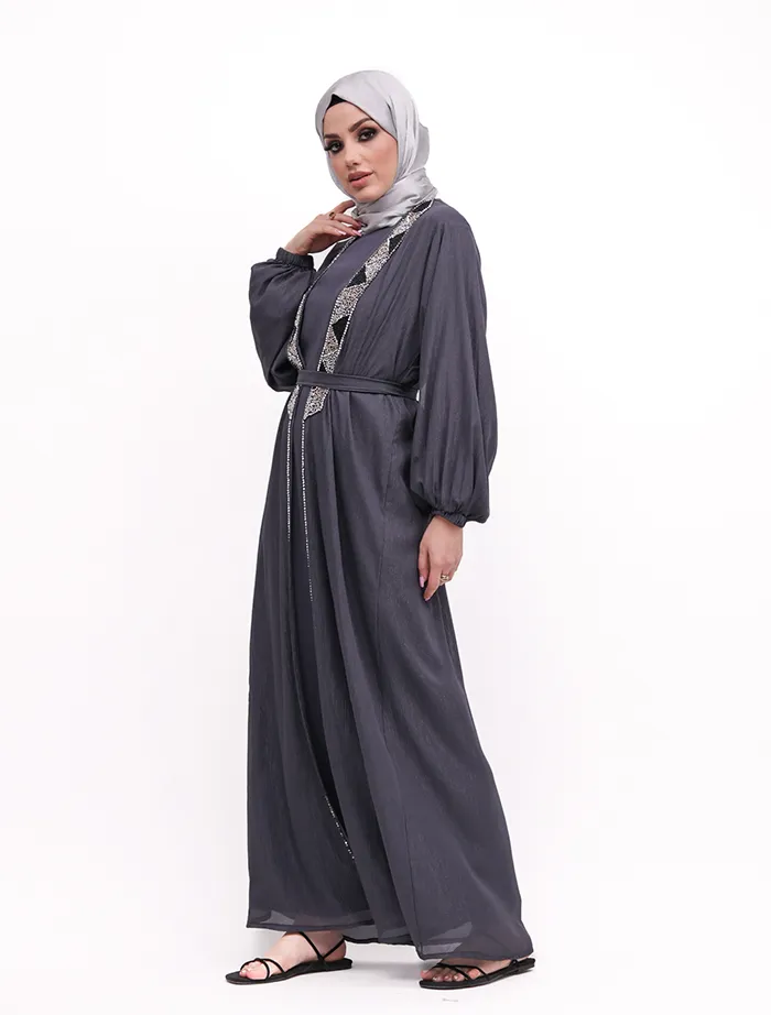 Grey 2 Piece Aztec Organza Abaya